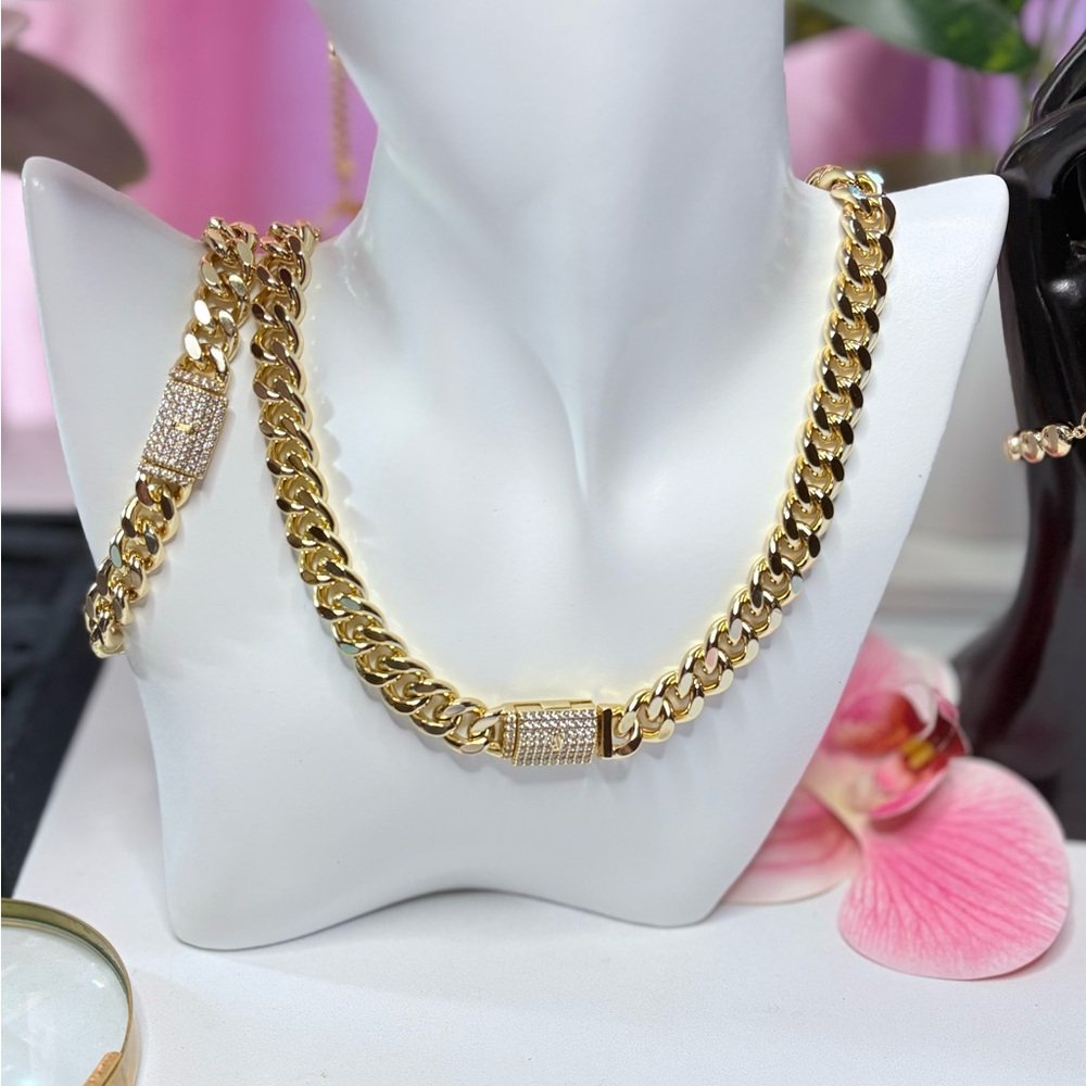 14K Gold Plated Cuban Link Set Unisex